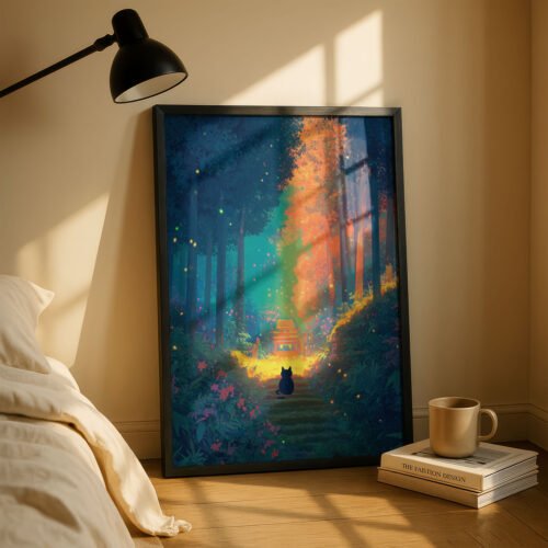 Black Cat In Firefly Glow Forest – Mystical Night Illustration Home Decor