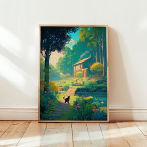 Black Cat on Cabin Path in the Forest – Cottagecore Woodland Illustration