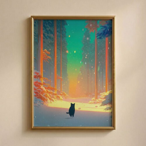 Black Cat Walking in the Magical Winter Night Forest – Mystical Night Art