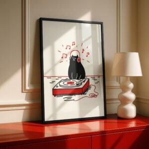 Black Cat Headphones Print - Vinyl Record DJ Wall Art