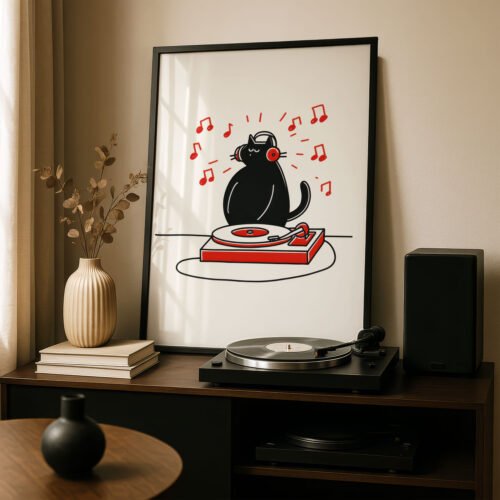 Black Cat Headphones Print - Vinyl Record DJ Wall Art