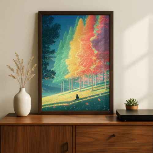 Black Cat in Changing Seasons Forest Wall Art – Cozy Woodland Illustration