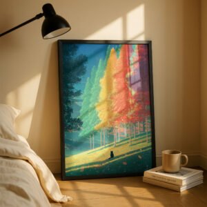 Black Cat in Changing Seasons Forest Wall Art – Cozy Woodland Illustration