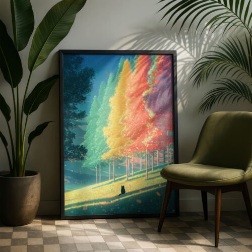 Black Cat in Changing Seasons Forest Wall Art – Cozy Woodland Illustration