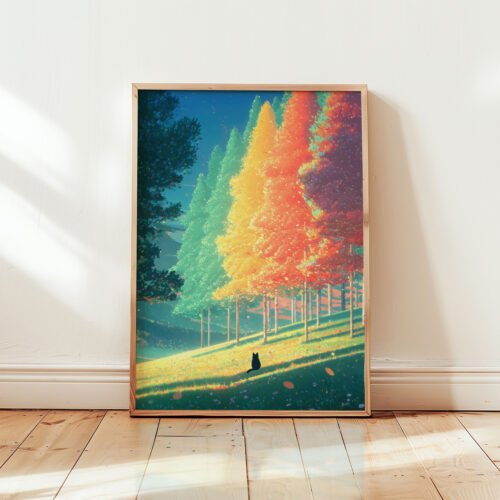 Black Cat in Changing Seasons Forest Wall Art – Cozy Woodland Illustration