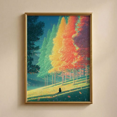 Black Cat in Changing Seasons Forest Wall Art – Cozy Woodland Illustration