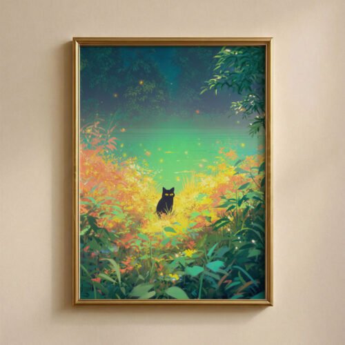 Black Cat among the Colorful Flower Woodland – Fantasy Nature Illustration