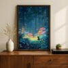 Black Cat In Firefly Glow Forest – Mystical Night Illustration Home Decor