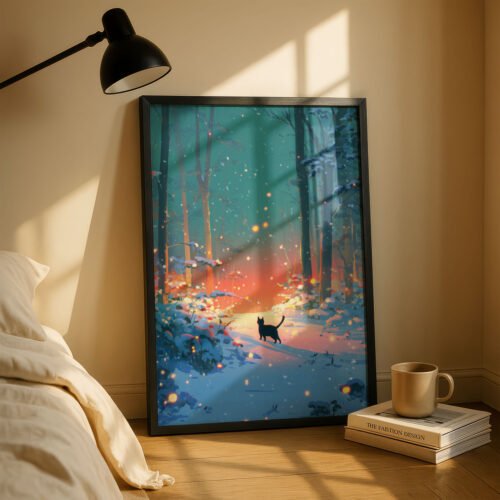 Black Cat Walking in the Magical Winter Night Forest – Mystical Night Art
