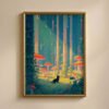 Black Cat & Giant Mushroom Forest – Dreamy Nature Print Decor