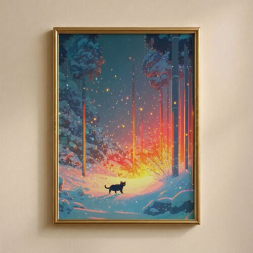 Black Cat Walking in the Magical Winter Night Forest – Mystical Night Art