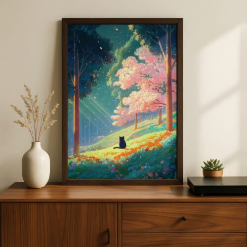 Black Cat in Pink Blossom Spring Forest – Fantasy Nature Decor Wall Art