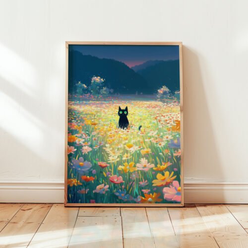 Black Cat among the Colorful Flower Woodland – Fantasy Nature Illustration