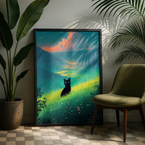 Black Cat in Deep Summer Green Forest – Atmostpheric Nature Art