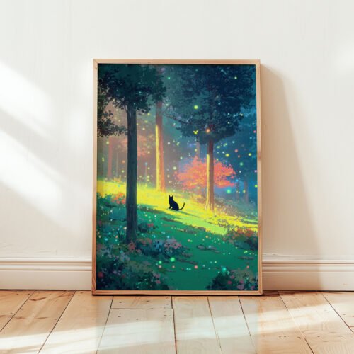 Set of 4 - Four Seasons Wall Art Print Set - Black Cat In The Woods