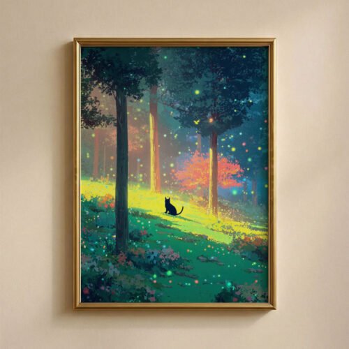 Black Cat Among Colorful Flowers & Trees – Soft Dreamy Nature Art Style