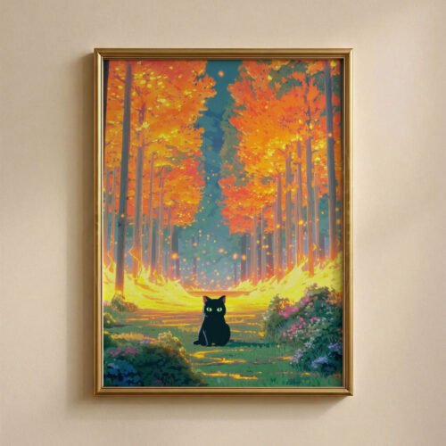 Black-cat-inbetween-golden-trees_5 Black Cat Forest Wall Art – Autumn Tree Forest – Cozy Woodland Printable Art