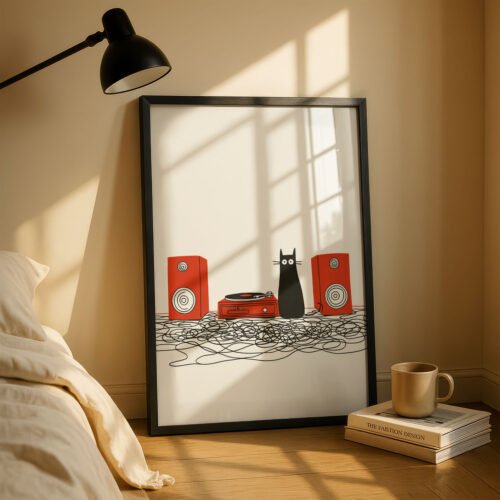 image.png Confused Cat with Speakers - Funny Cat Wall Art