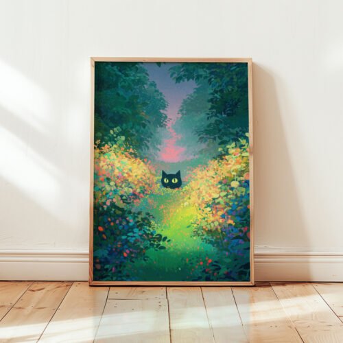Black Cat among the Colorful Flower Woodland – Fantasy Nature Illustration