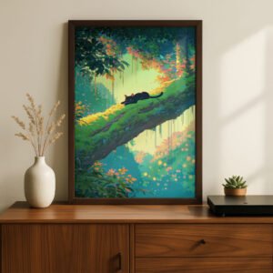 Sleeping Black Cat in Morning Forest – Calm Woodland Art