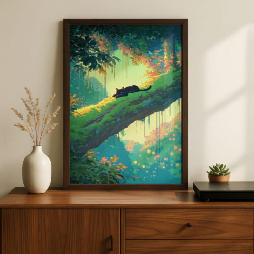 Sleeping Black Cat in Morning Forest – Calm Woodland Art