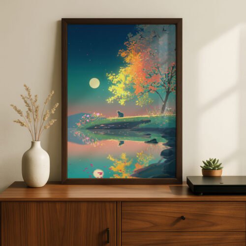 Black Cat Full Moon Night Forest – Enchanted Fantasy Art