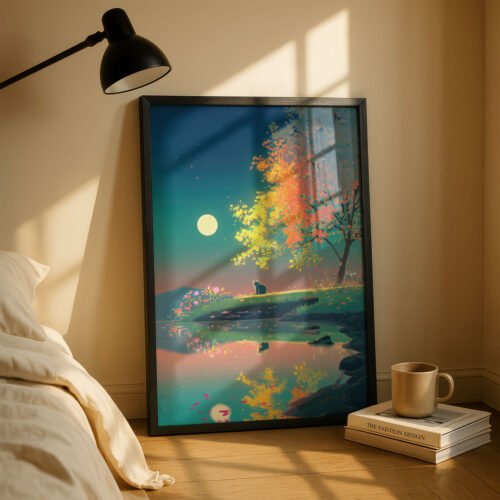 Black Cat Full Moon Night Forest – Enchanted Fantasy Art