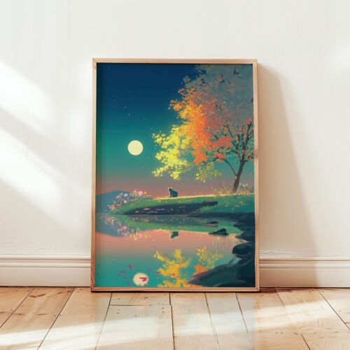 Black Cat Full Moon Night Forest – Enchanted Fantasy Art