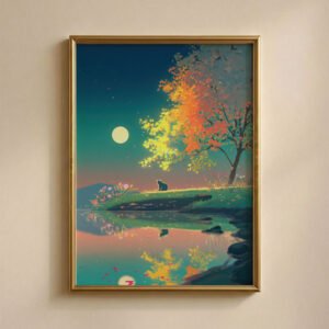 Black Cat Full Moon Night Forest – Enchanted Fantasy Art