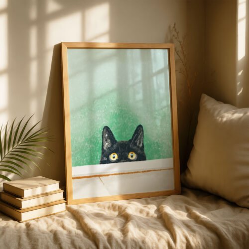 Peeking Black Cat Art - Hello Kitty Print - Cute Wall Decor