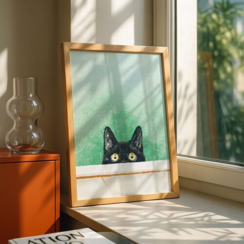 Peeking Black Cat Art - Hello Kitty Print - Cute Wall Decor
