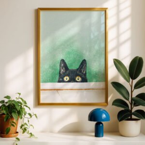 Peeking Black Cat Art - Hello Kitty Print - Cute Wall Decor