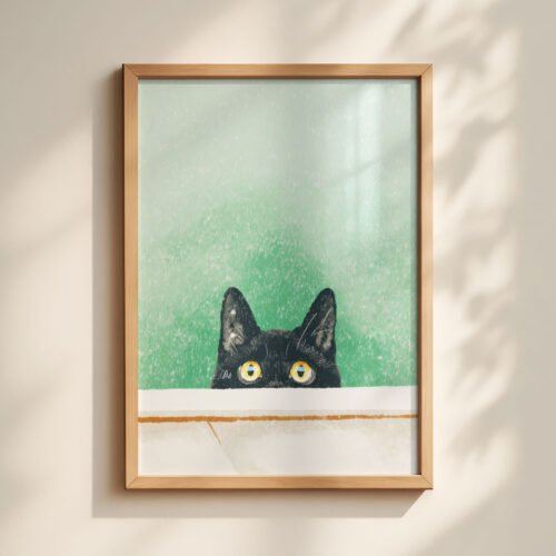 Peeking Black Cat Art - Hello Kitty Print - Cute Wall Decor