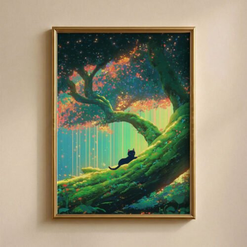 Sleeping Black Cat in Morning Forest – Calm Woodland Art