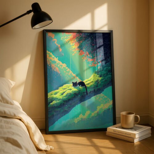 Sleeping Black Cat in Morning Forest – Calm Woodland Art