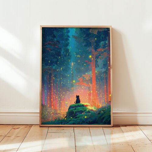 Black Cat In Firefly Glow Forest – Mystical Night Illustration Home Decor