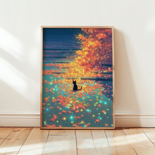 Black-cat-surrounded-by-golden-leaves_4 Black Cat Forest Wall Art – Autumn Tree Forest – Cozy Woodland Printable Art