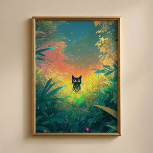 Black Cat among the Colorful Flower Woodland – Fantasy Nature Illustration