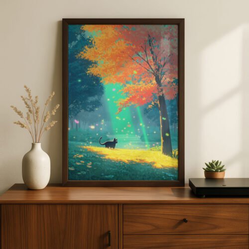 image.png Black Cat Forest Wall Art – Autumn Tree Forest – Cozy Woodland Printable Art