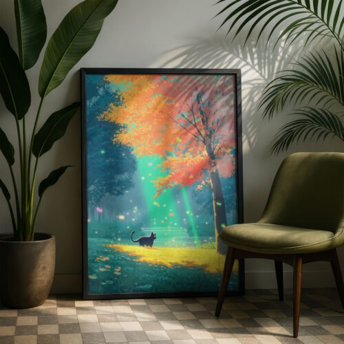 Set of 4 - Four Seasons Wall Art Print Set - Black Cat In The Woods