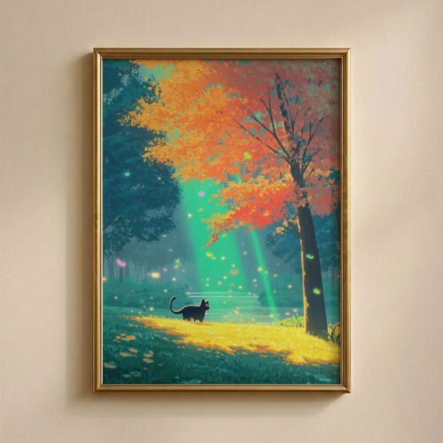 Set of 4 - Four Seasons Wall Art Print Set - Black Cat In The Woods