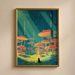 Black Cat & Giant Mushroom Forest – Dreamy Nature Print Decor