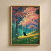 Black Cat in Pink Blossom Spring Forest – Fantasy Nature Decor Wall Art
