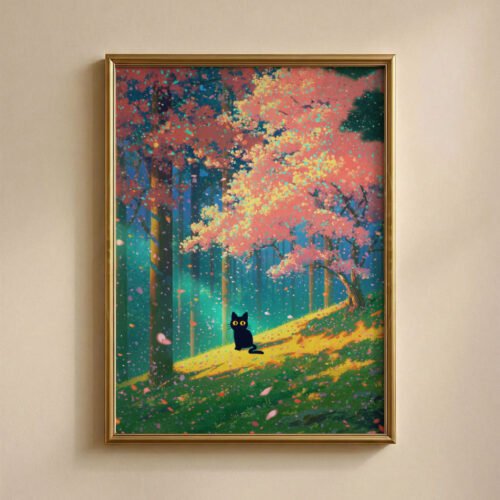 Black Cat in Pink Blossom Spring Forest – Fantasy Nature Decor Wall Art