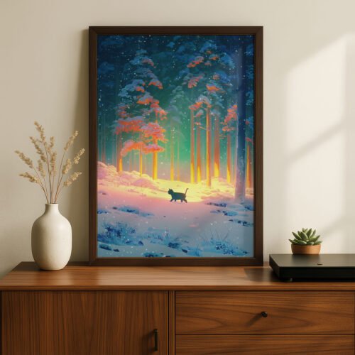 Set of 4 - Four Seasons Wall Art Print Set - Black Cat In The Woods