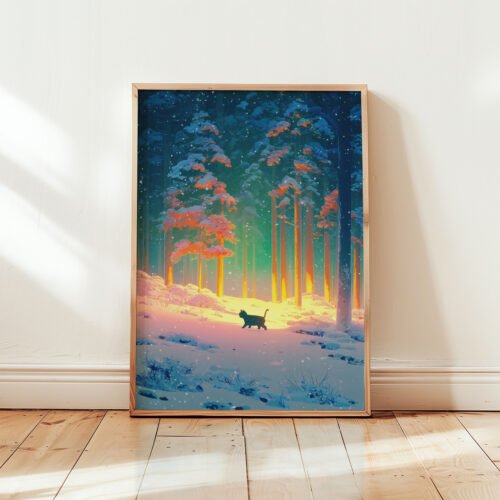 Black Cat Walking in the Magical Winter Night Forest – Mystical Night Art