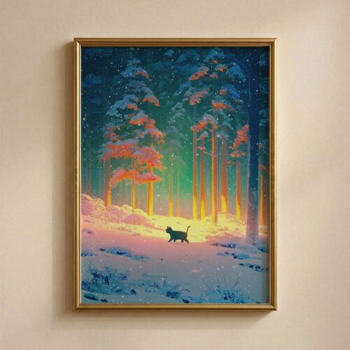 Set of 4 - Four Seasons Wall Art Print Set - Black Cat In The Woods