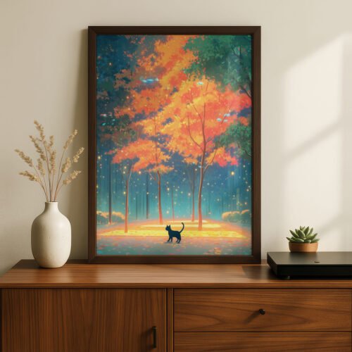 image.png Black Cat Forest Wall Art – Autumn Tree Forest – Cozy Woodland Printable Art