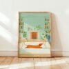 Brown-Dachshund-stretching-in-living-room_4 Dachshund Living Room Art – Funny Dog Stretching Print – Gift for Weiner Dog Lover