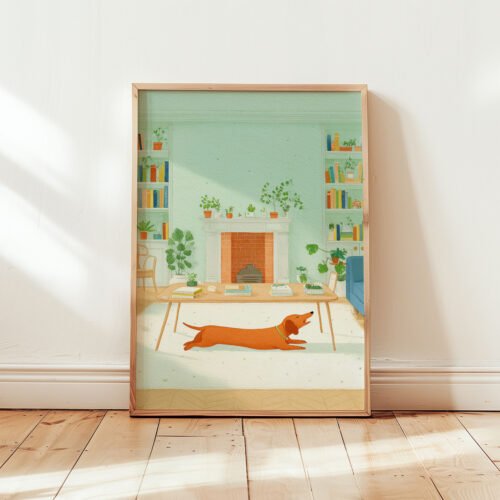 Brown-Dachshund-stretching-in-living-room_4 Dachshund Living Room Art – Funny Dog Stretching Print – Gift for Weiner Dog Lover